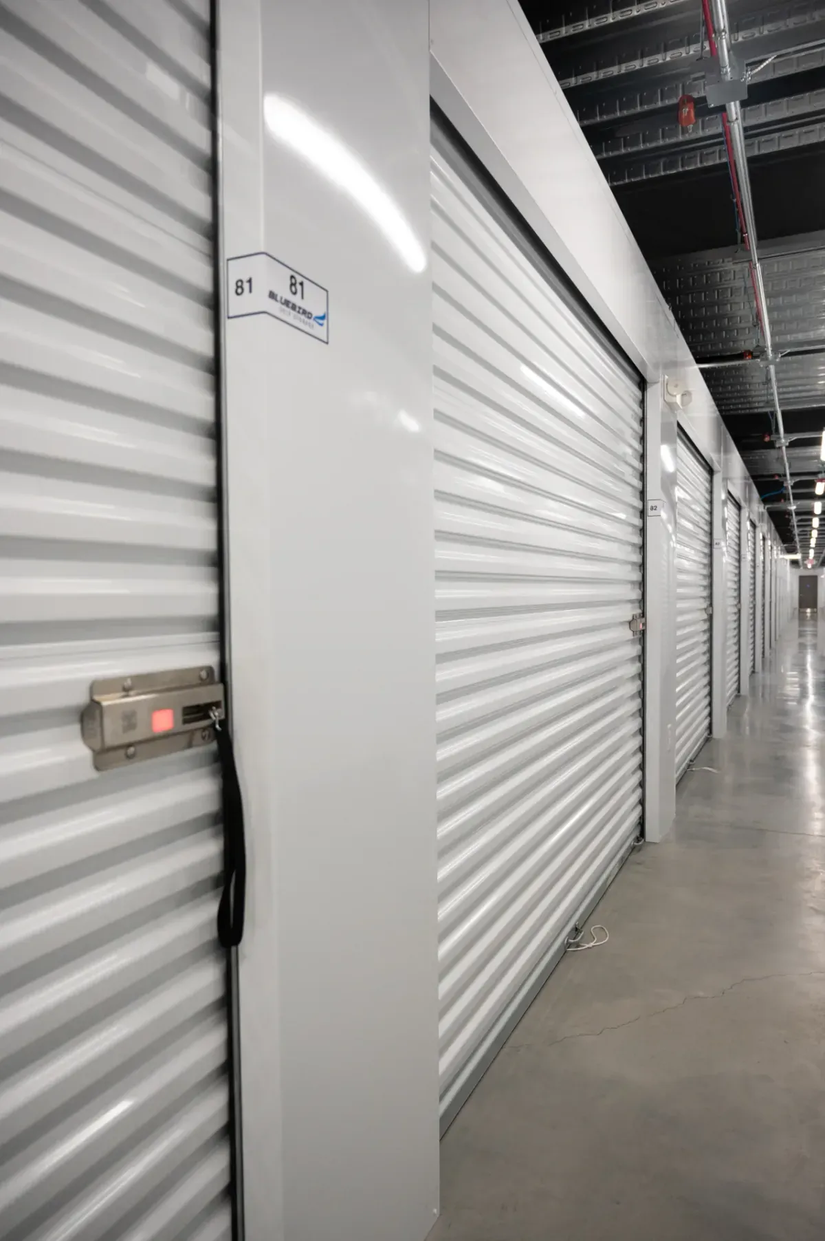 Interior hallway with numbered storage units