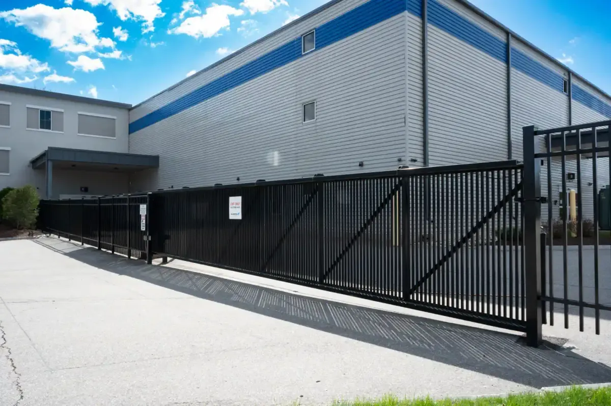 Black security gate at Bluebird Self Storage
