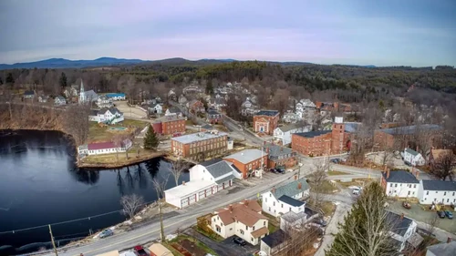 An aerial view of a New Hampshire village in the winter. 